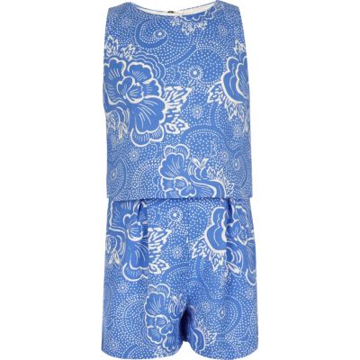 Girls blue floral print layer playsuit
